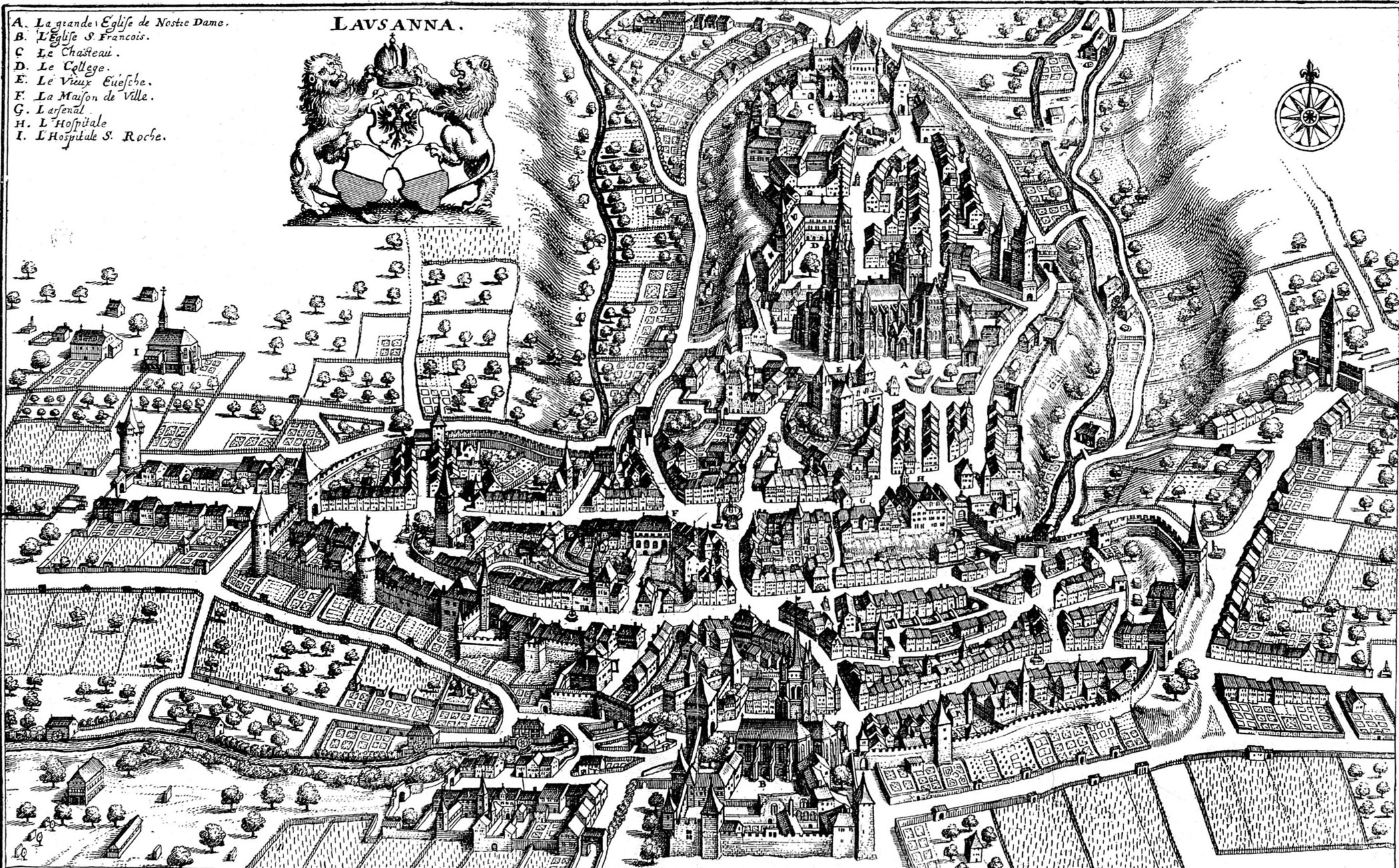 Map of the walled city of Lausanne in 1642, with the Cathedral at its center.